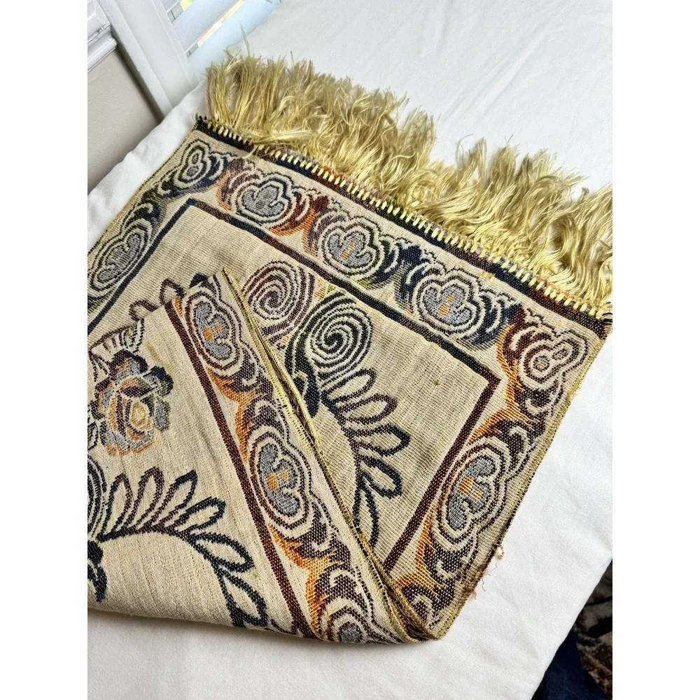Vintage Woven Tapestry Table Runner Mosque Architecture Floral Fringed Cream